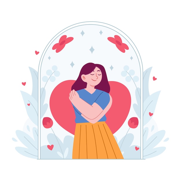 Ámate a ti mismo Esteem Flat Concept Ilustración idea con mujer confianza respeto y orgullosa de sí misma