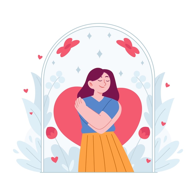 Vector Ámate a ti mismo esteem flat concept ilustración idea con mujer confianza respeto y orgullosa de sí misma