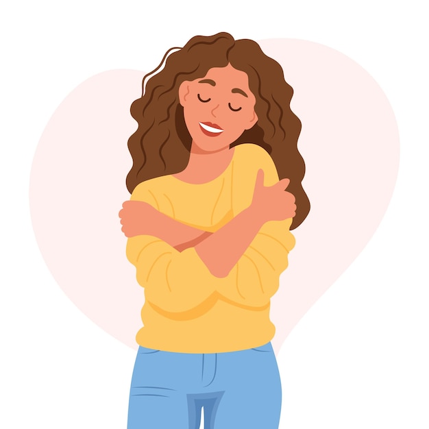 Ámate a ti mismo Linda mujer joven abrazándose a sí misma Ama tu cuerpo concepto Ilustración de estilo plano