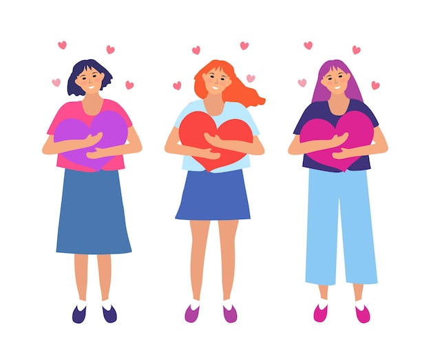 Ámate a ti mismo niña abrazos corazón narcisista personas seguras de sí mismas aumentan la autoestima día de san valentín en el amor ilustración vectorial