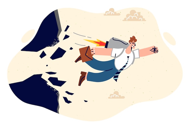 El ambicioso hombre de negocios vuela hacia adelante rompiendo rocas con el puño y usando el jetpack