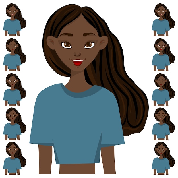 Ambientada con un personaje femenino con diferentes expresiones faciales y emociones. estilo de dibujos animados. ilustración vectorial.