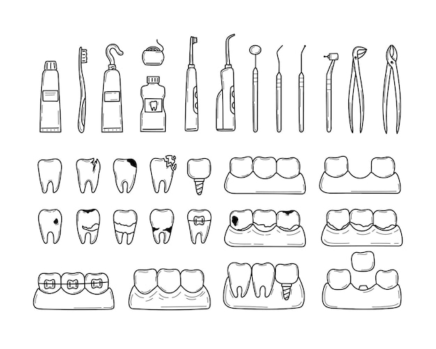 Ambientado en estilo doodle de herramientas dentales y problemas dentales.