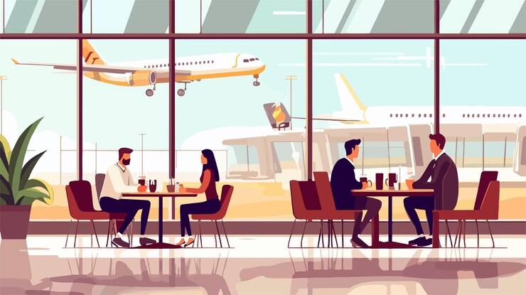 Vector ambiente de café en el aeropuerto con un grupo diverso de personas sentadas en las mesas