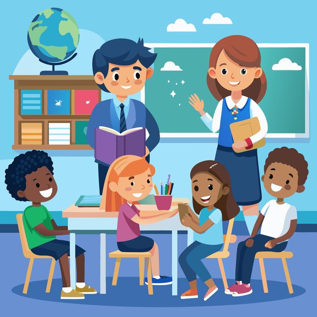 Un ambiente de clase atractivo con estudiantes y maestros felices