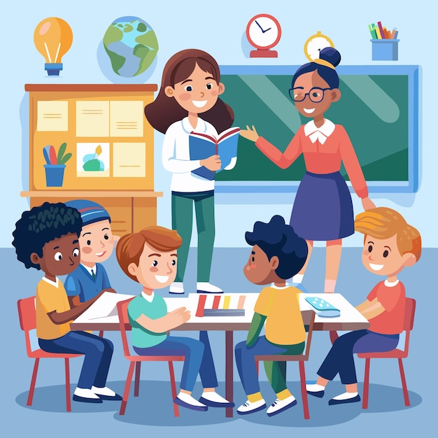 Un ambiente de clase atractivo con estudiantes y maestros felices