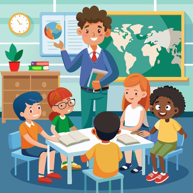 Un ambiente de clase atractivo con estudiantes y maestros felices