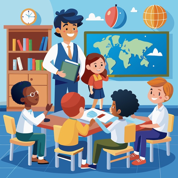 Un ambiente de clase atractivo con estudiantes y maestros felices