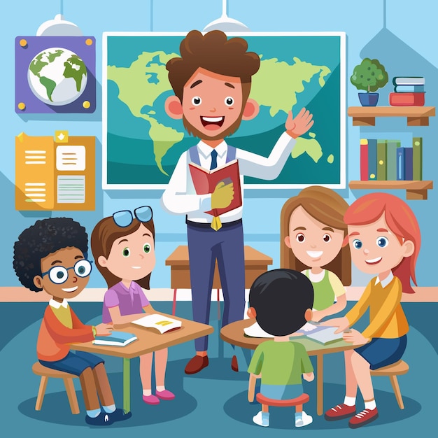 Un ambiente de clase atractivo con estudiantes y maestros felices