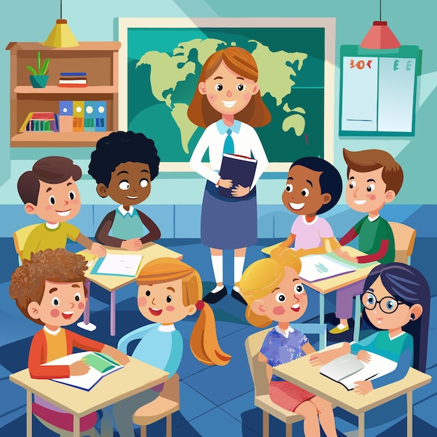 Un ambiente de clase atractivo con estudiantes y maestros felices