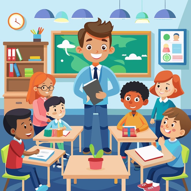 Un ambiente de clase atractivo con estudiantes y maestros felices