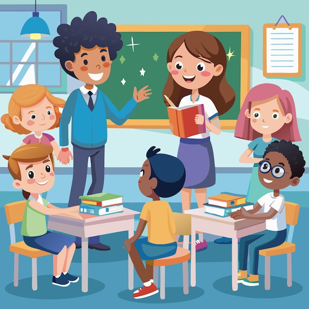 Un ambiente de clase atractivo con estudiantes y maestros felices