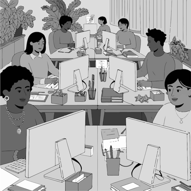 Ambiente de oficina con empleados que trabajan con computadoras