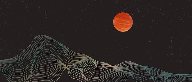 Ambientes estéticos contemporáneos abstractos paisajes con colinas de montaña y luz roja de la luna