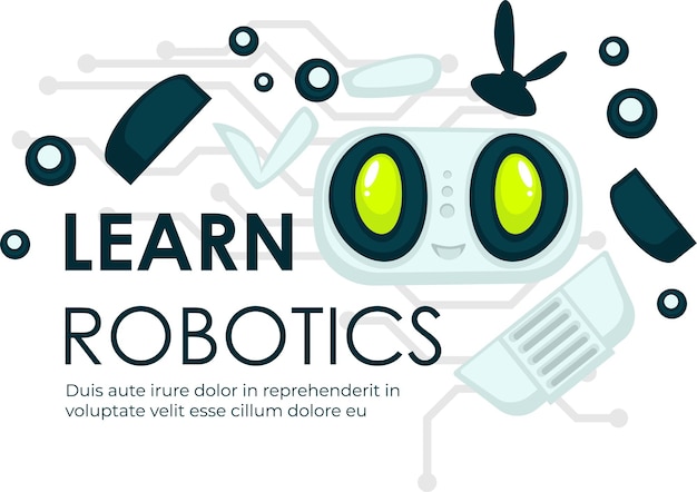 Ámbito de la robótica, campo científico del conocimiento, disciplina de aprendizaje. Ingeniería y fabricación, modelado de androides y robots, automatización del espacio virtual y cibernético. Vector en la ilustración de estilo plano
