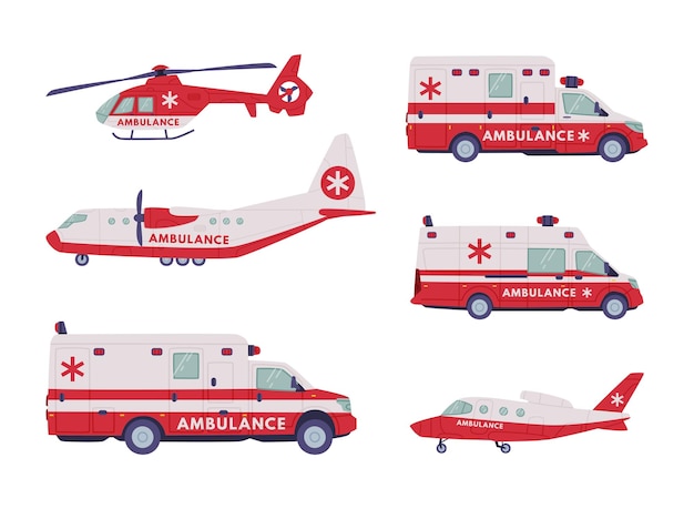 Ambulance emergency rescue service vehicle and medical care transport vector set