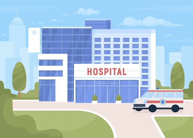 Ambulancia cerca del hospital en la ilustración de vector de color plano de la calle de la ciudad