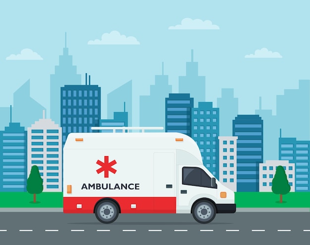 Ambulancia conduciendo en el camino al hospital Fondo de la ciudad y el paisaje de los árboles Concepto médico diseño plano Ilustración vectorial