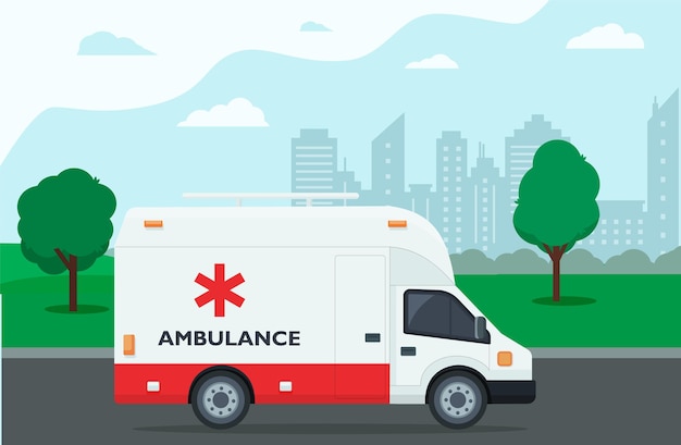 Ambulancia conduciendo en el camino al hospital Fondo de la ciudad y el paisaje de los árboles Concepto médico diseño plano Ilustración vectorial