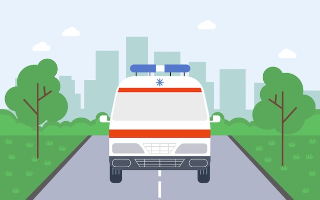 Ambulancia frontal en la ilustración de vector plano de la ciudad