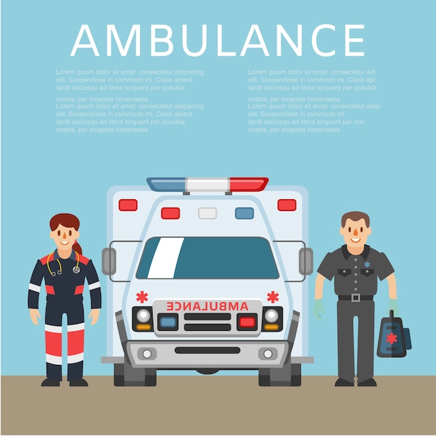 Ambulancia, información de antecedentes, vehículo médico de emergencia, rescate de transporte, ilustración. Trabajadores de la salud de hombre y mujer, vehículo, medicina para el cuidado del paciente.