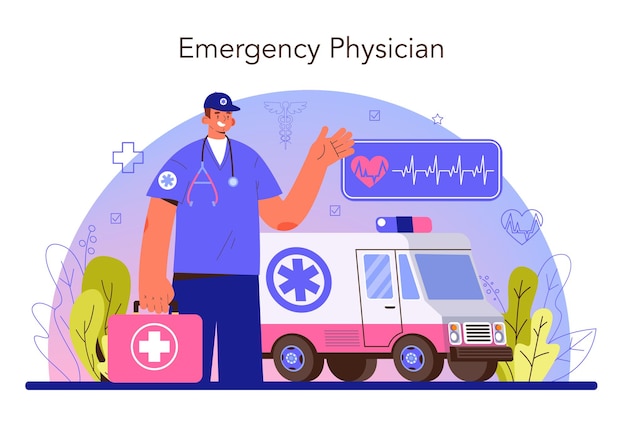 Ambulancia. Médico de urgencias en el uniforme que realiza