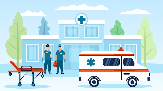 Ambulancia, médicos, ruedas del hospital mal y edificio