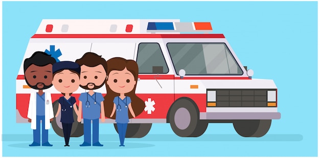Vector ambulancia con personajes médicos
