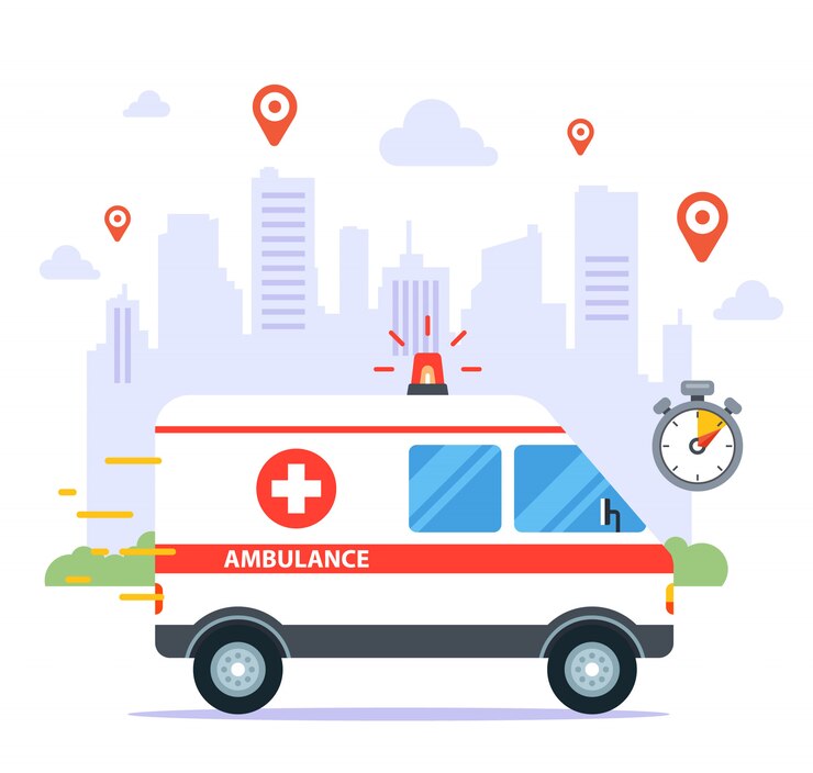 Vector una ambulancia viaja para llamar a un paciente enfermo. ilustración plana