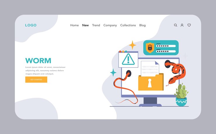 Vector la amenaza del gusano informático web o aterrizaje malware siniestro se cuela en el sistema evitando los datos de seguridad
