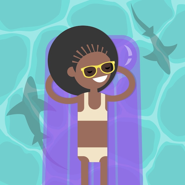 Amenaza oculta sombras de tiburones en el agua Joven negra acostada en el colchón inflable Prediseñadas planas editables de ilustración vectorial