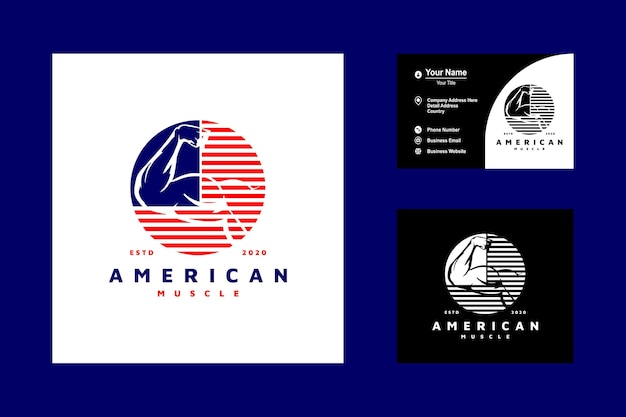 American strong arm mostrando su bíceps muscle flag logo design vector icon template inspiration