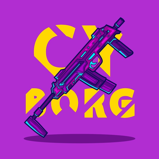 Vector ametralladora de rifle en la ilustración de personaje de dibujos animados de estilo cyberpunk