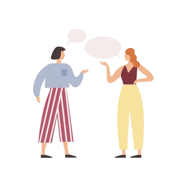 Amiga de dibujos animados hablando con burbujas de discurso vector ilustración plana. Dos personas se comunican entre sí aisladas sobre fondo blanco. Personaje femenino de chismes discutiendo.