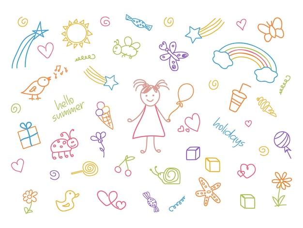 Amigable conjunto de iconos de garabateo de niñas felices, infancia, vacaciones de verano, contorno abstracto, elementos dibujados