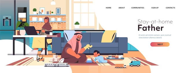 Amigable familia árabe pasar tiempo juntos madre usando laptop padre jugando con hijo pequeño en casa concepto de crianza cocina moderna interior horizontal copia espacio ilustración vectorial