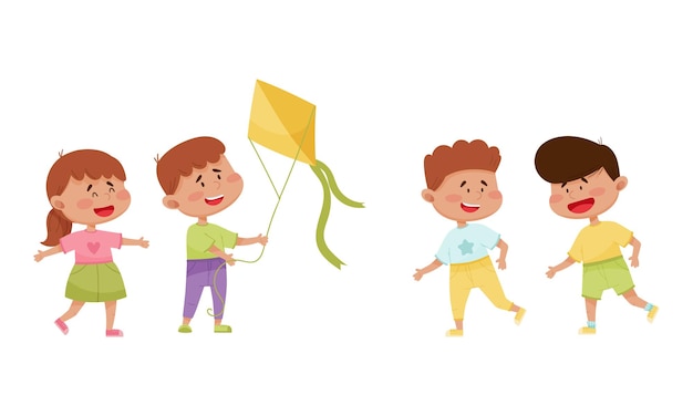 Amigable pequeños niños volando cometa y corriendo conjunto vectorial