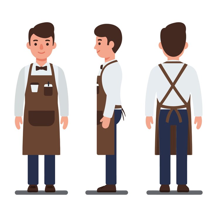 Amigable personaje de barista masculino con un delantal marrón y una corbata de pollo en estilo de ilustración vectorial plano que muestra múltiples ángulos y expresiones de su comportamiento alegre
