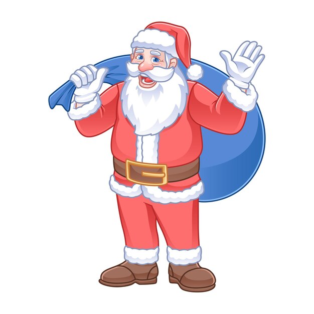Amigable personaje de dibujos animados de Papá Noel saludando y llevando regalos