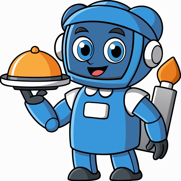 Vector un amigable robot azul sirve una comida en una bandeja de plata