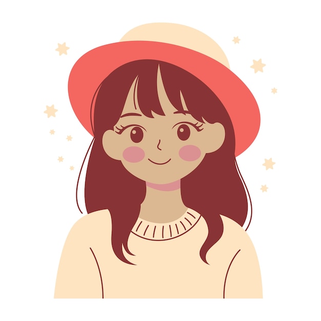 Amigable sonriente linda chica hermosa personaje de dibujos animados con sombrero y ropa cálida