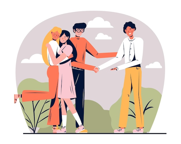 Amigas y amigos se encuentran afuera en el parque pasando tiempo juntos