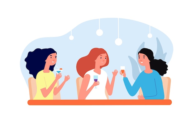 Amigas bebiendo chicas reunidas con mujeres bebiendo café y hablando almuerzo amistoso en un café bar grupo de personas relajadas ilustración vectorial mujeres juntas en una mesa reunida en un café bebiendo y hablando