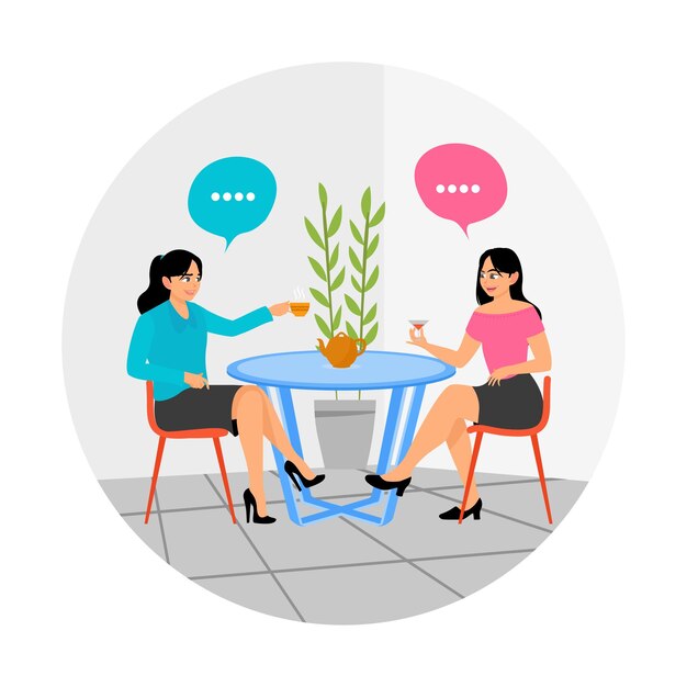 Amigas bebiendo té y conversando en un café moderno