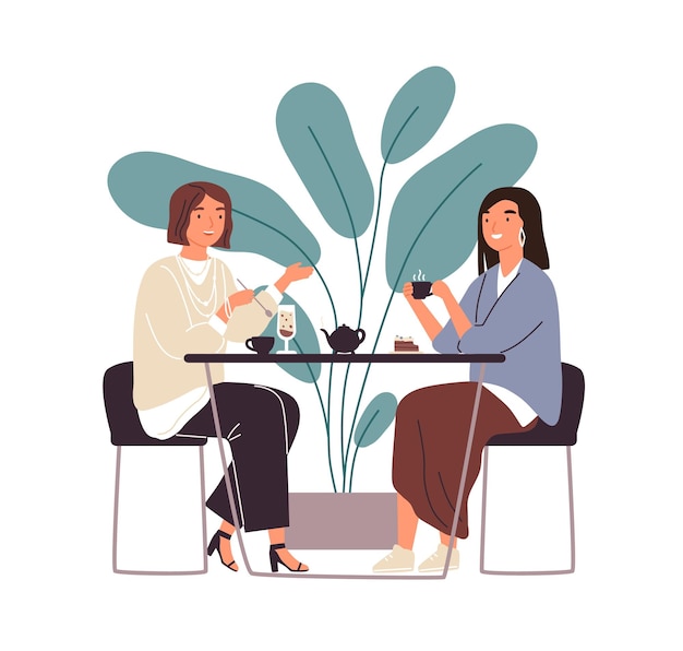 Vector amigas bebiendo té juntas en la ilustración plana del vector de café. mujer sonriente cotilleando pasando tiempo en la cafetería aislada. gente disfrutando de un descanso para tomar café en un lugar público sentado en la mesa.