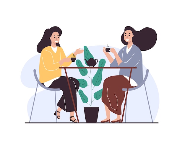 Amigas bebiendo té juntos en la ilustración plana de vector de café. Mujer sonriente chismeando pasar tiempo en la cafetería aislada. Gente disfrutando de la pausa para el café en un lugar público sentado a la mesa