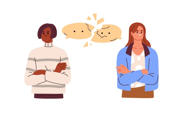 Amigas después de una pelea Conflicto malentendido desacuerdo entre dos chicas ofendidas Miscomunicación concepto de ruptura de la relación Ilustración vectorial plana aislada sobre fondo blanco