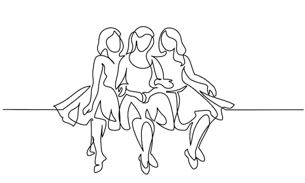 Amigas felices sentadas juntas en hermosos vestidos continuo un vector de dibujo de línea