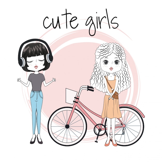 Amigas lindas con bicicleta