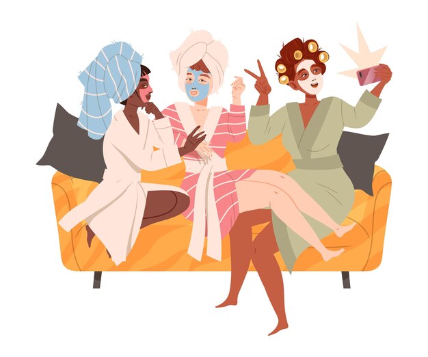 Amigas pasando tiempo juntas sentadas en el sofá tomando selfies y chismoseando ilustraciones vectoriales